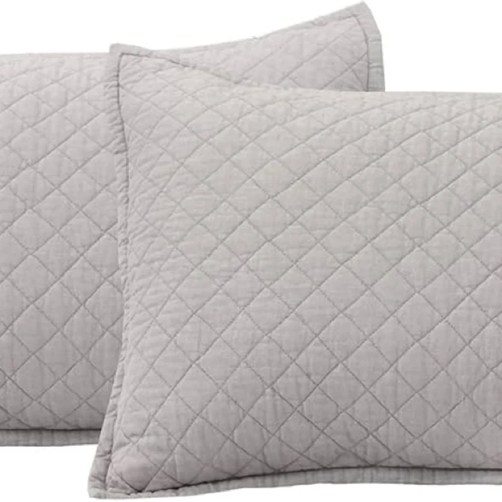 Lush Decor Belgian Flax Prewashed Linen Rich Cotton Blend 3 Pc Quilt Set, Gray